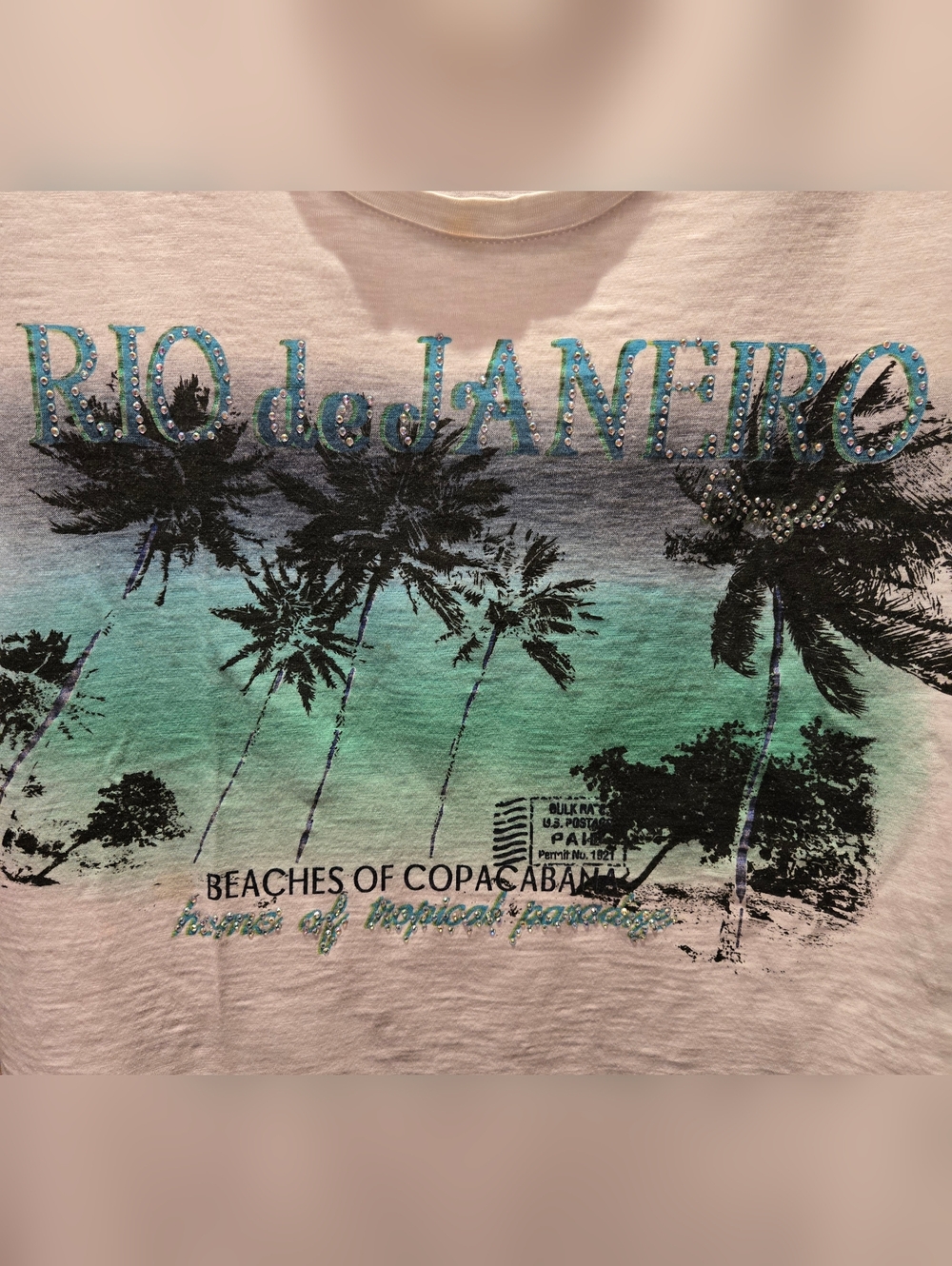 Style & Co. White Tee with Teal Ombre and Black Palm Graphic